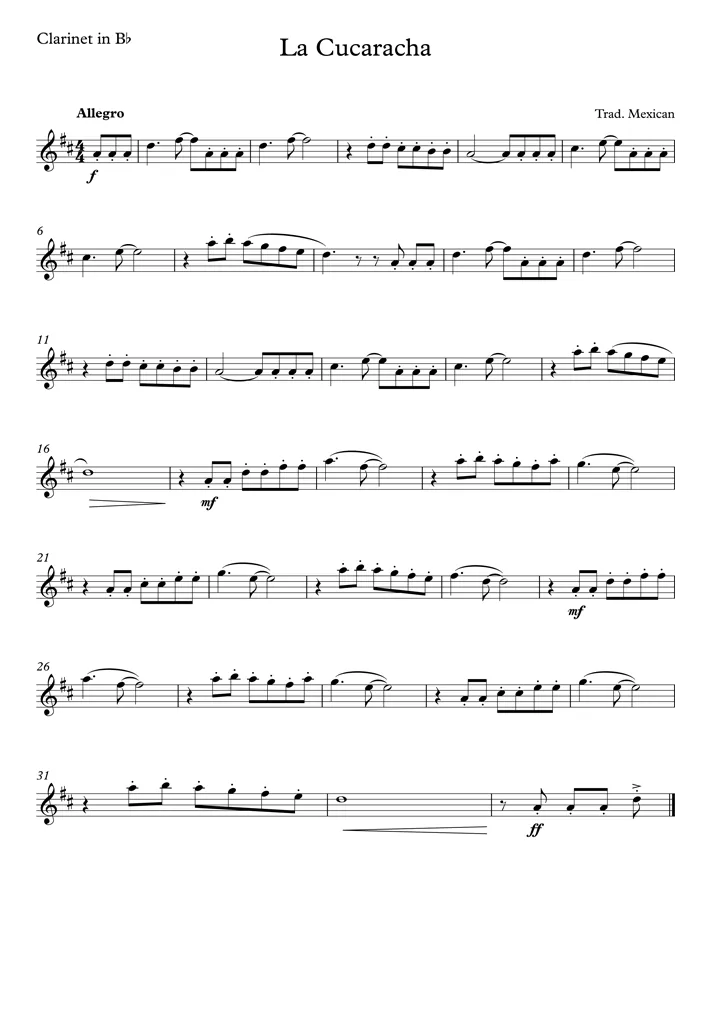 La Cucaracha clarinet sheet music