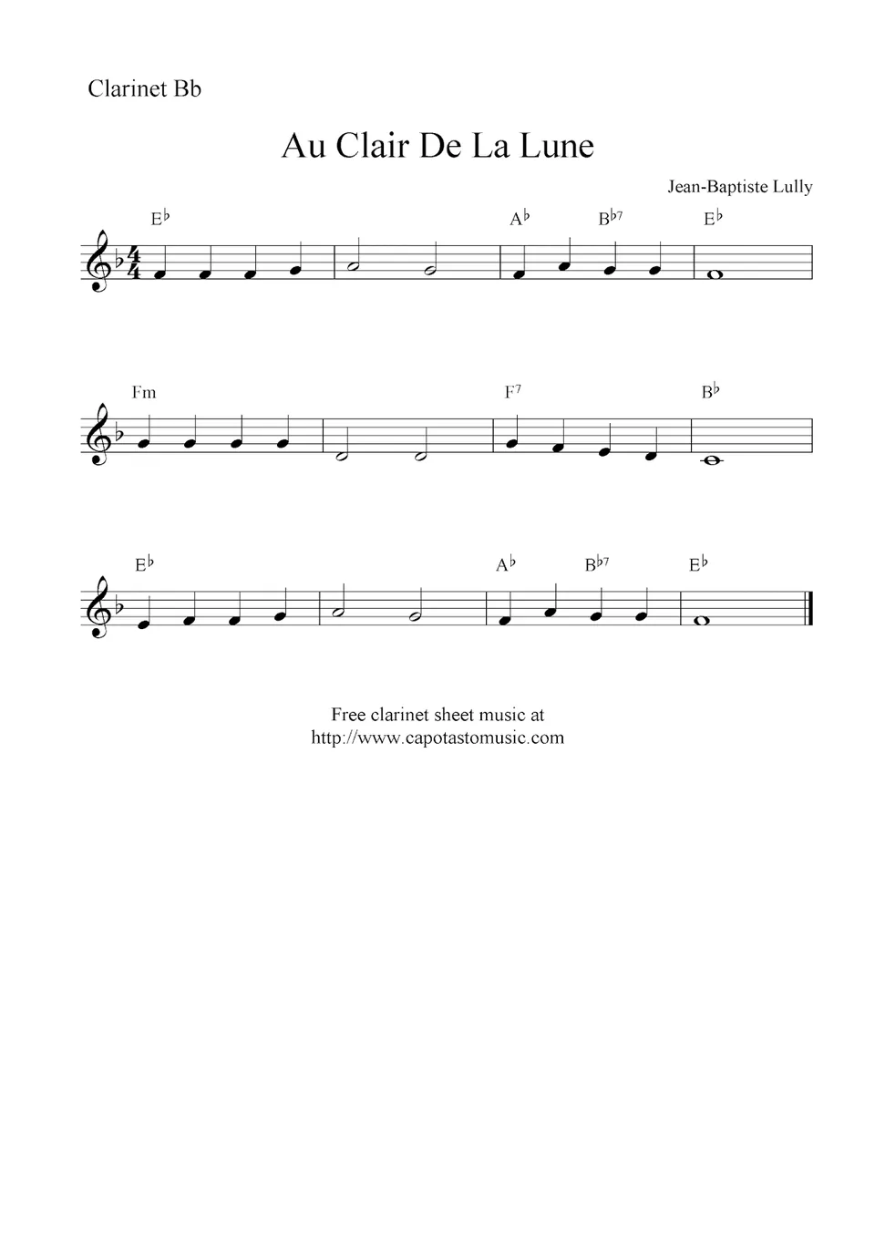 Au Claire de la Lune clarinet sheet music