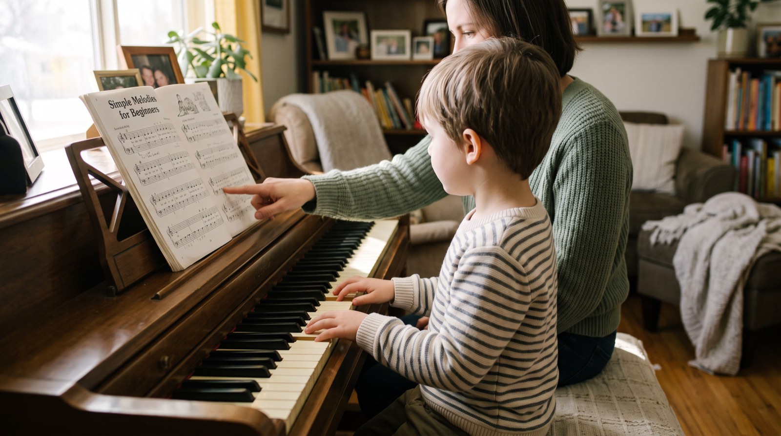 A young child at an upright piano at home while a parent points to a beginner music book