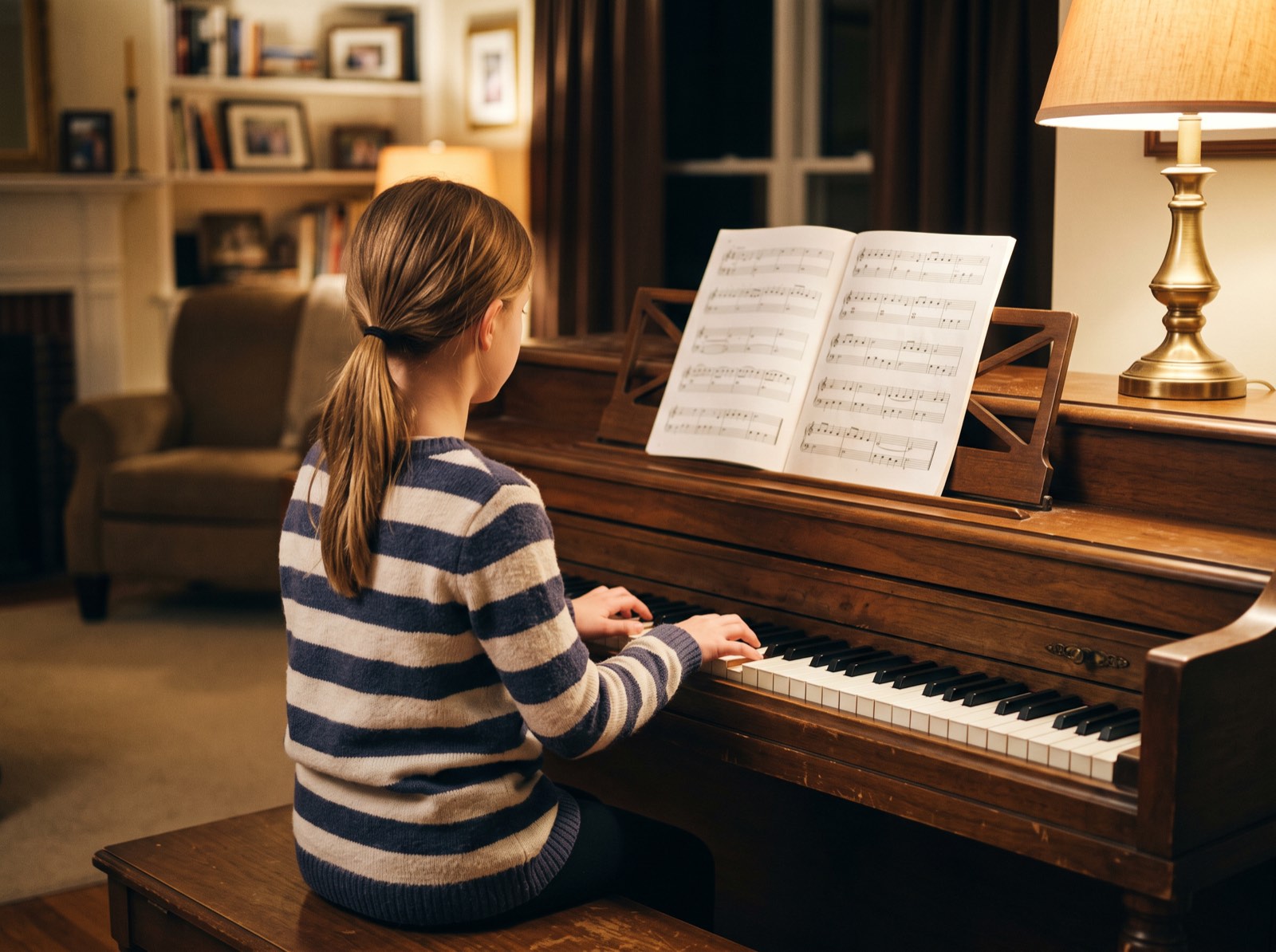 A school-age child practicing an upright piano from a music book in the evening
